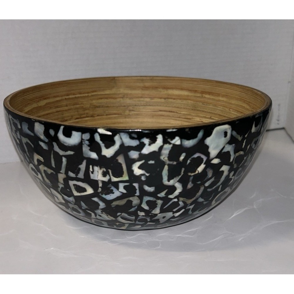 Vintage Abalone Shell & Bamboo MOSAIC Round Bowl Dish Handmade 9"